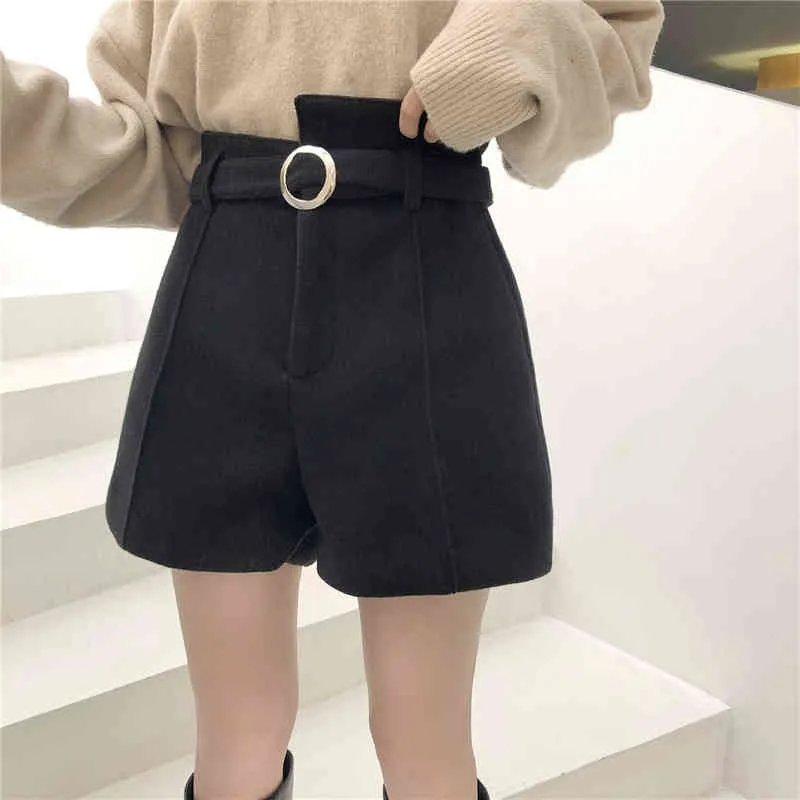 Wollgürtel warme Shorts Frauen Herbst Winter verdicken Mode hohe Taille A-Linie breite Beinstiefel elegante kurze Hose 11068 210521