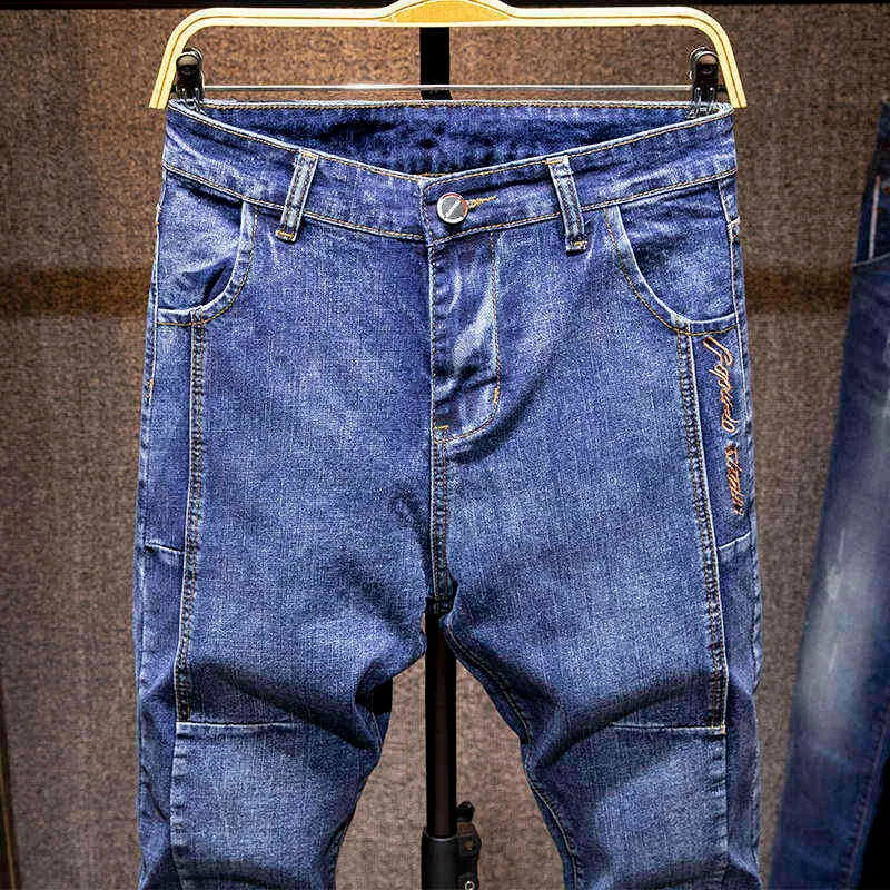 Mężczyźni List Haft Streetwear Slim Fit Dżinsy Spodnie Moda Marka Mężczyzna Hip Hop Bawełniane Solid Casual Joggers Dżinsowe Spodnie 211111