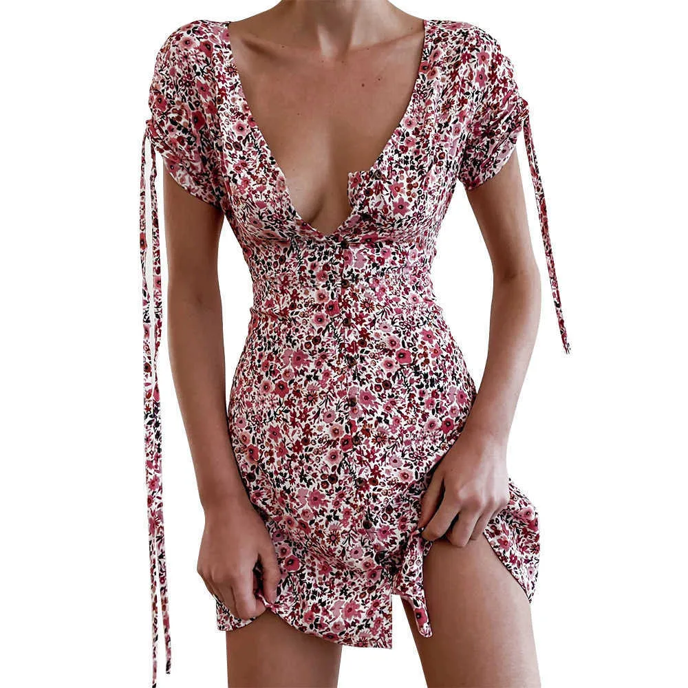 女性の夏のAラインドレスセクシーな深いVネックボタン巾着包帯半袖ハイウエスト花柄スリムミニドレス210526