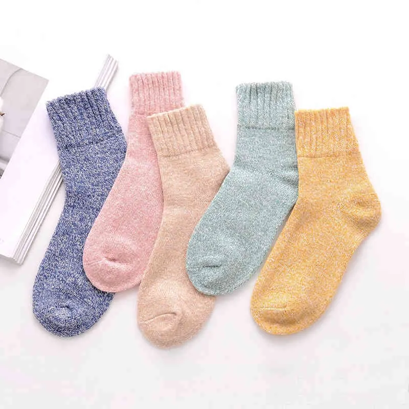 Johnature Autumn Winter Warm Thick Comfortable Breathable Ladies Wool Solid Color Plaid Women Socks 210521