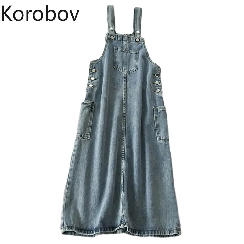 Korobov Preppy Style Kobiety Spaghetti Pasek Sukienka Japoński Koreański Suknie Vintage Nowy Chic Przycisk Kieszenie Denim Vestidos 210430