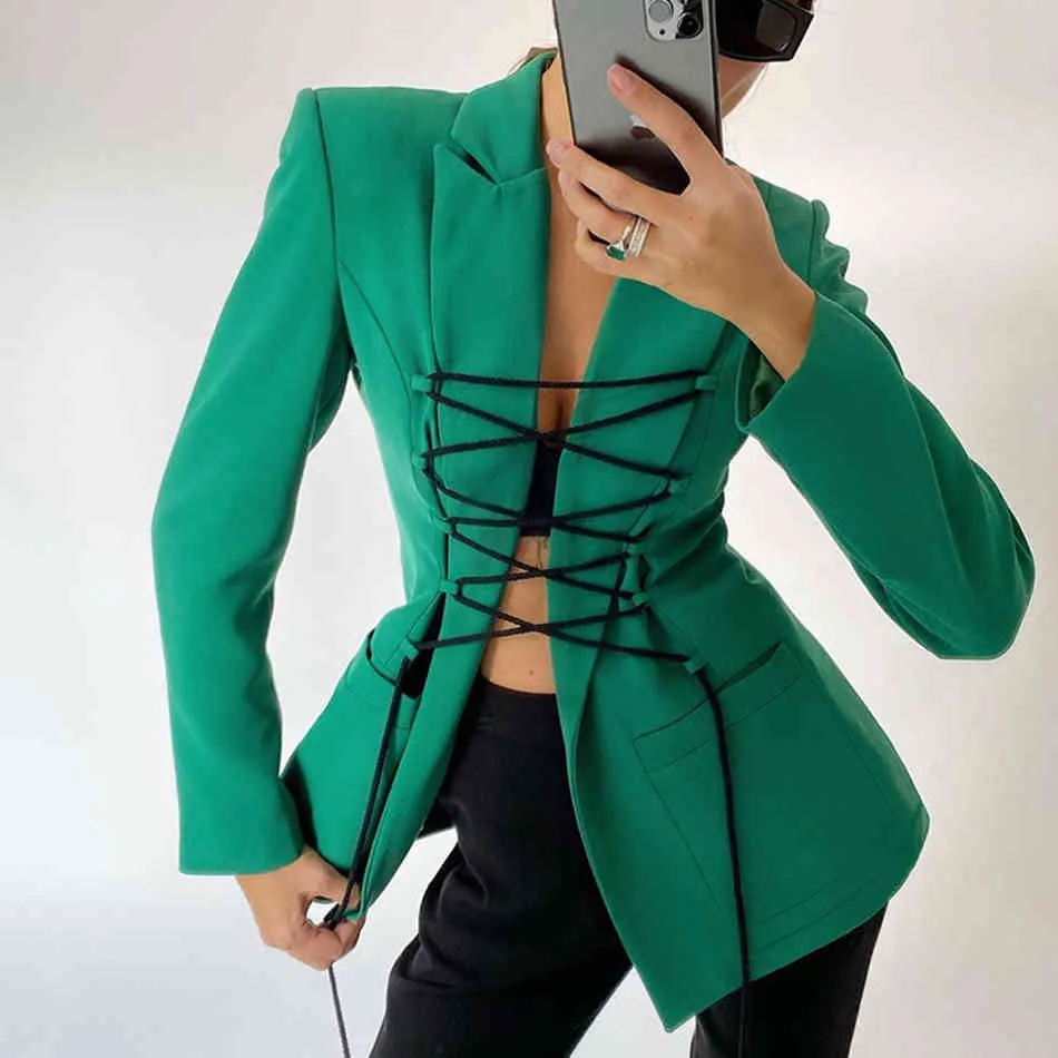 Бесплатный Chic Cross Кружева Blazer Женский Сексуальный Отворотный Осложневый Длинный Рукав Тонкий Модный Модный Уличный стиль Куртка 210524