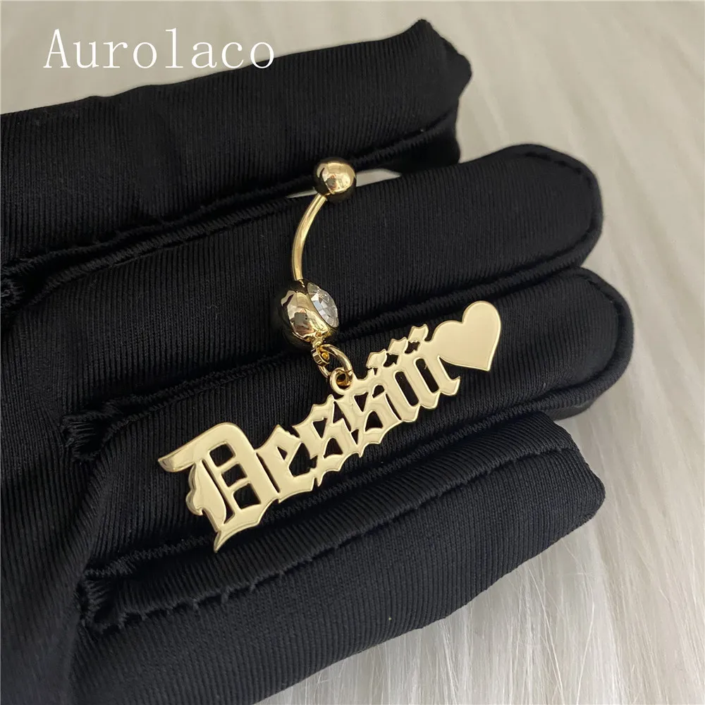 Aurolaco Fashion Name Stainless Steel Custom Body Smycken Zircon Belly Ring Gold Color Gift för Kvinnor