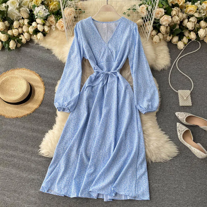 Herbst Lange Ärmel Kleid Frauen V-ausschnitt Leopard Blumendruck Kleider Koreanische Vintage Böhmischen Urlaub Lange Vestidos 210419