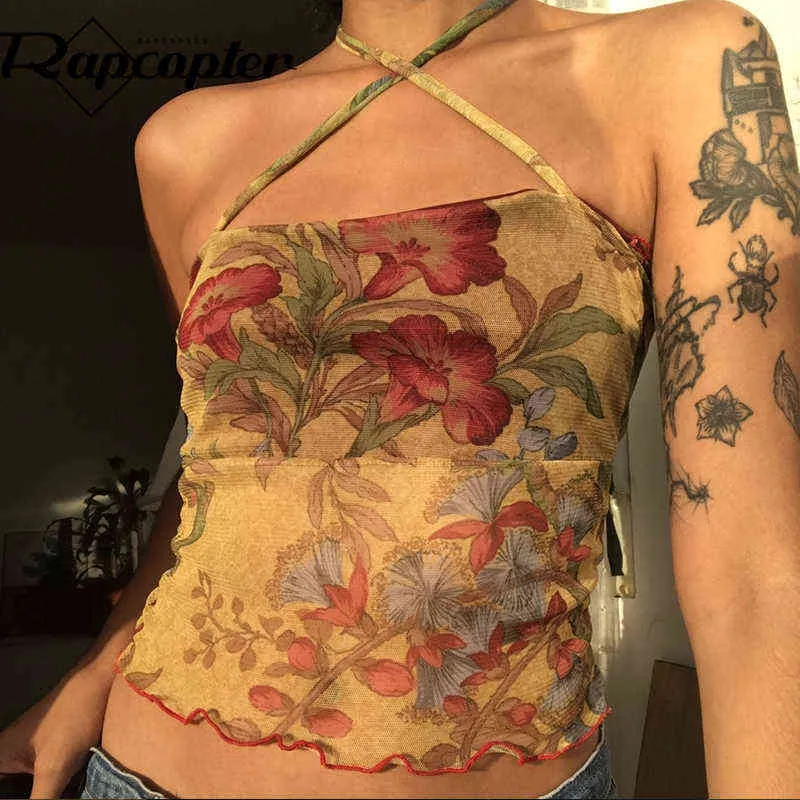 Rapcopter Floral y2k Crop Top Mesh Voir à travers Sexy Corset Top Frill Cross Halter Sweats Femme Summer Party Clubwear Mignon Gilets Y220304