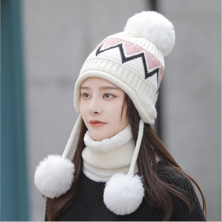 Hiver doux et chaud en laine tricoté chapeaux écharpes ensembles mode épaissi trois balles protection des oreilles mignon femme chapeau costume casquette