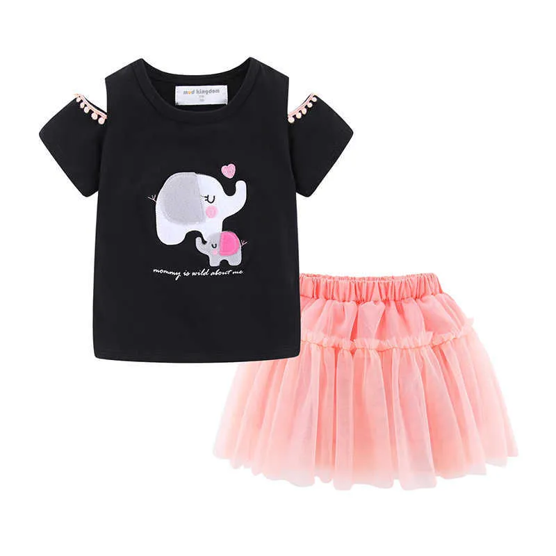 Mudkingdom kall axel flicka kjol set djur print sommar outfits för tjejer tecknade elefant barnkläder 210615