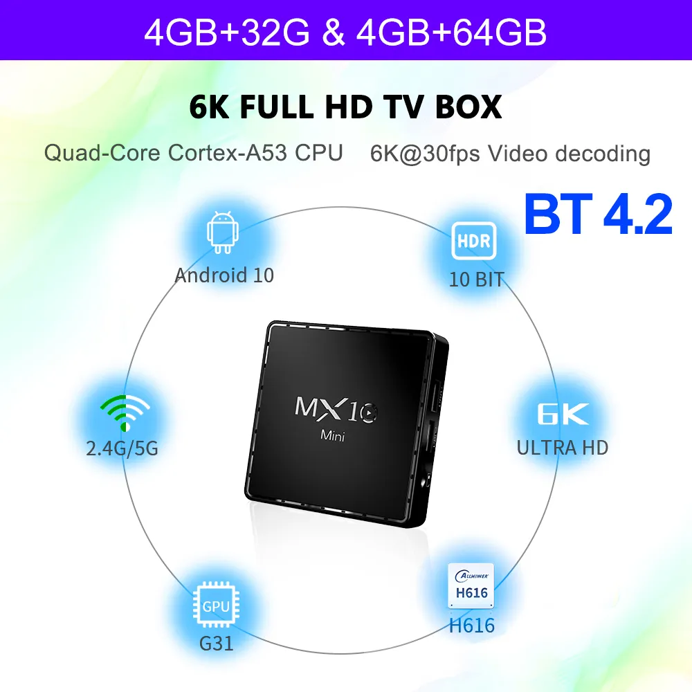 MX10 Mini TV Box Android 10.0 4G 64GB 2.4G5G wifi 6K 4K Bluetooth lecteur multimédia intelligent Android10 décodeur 4GB 32GB STB