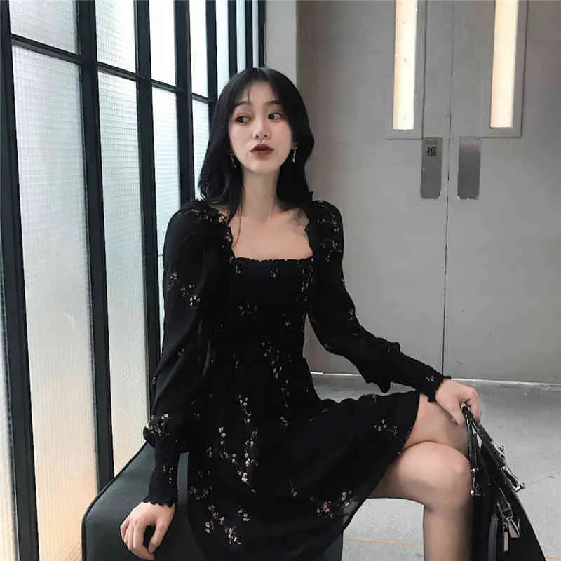 Sommar kvinna svart klänning vintage blomma lång puff ärm chiffong klänningar koreansk casual mini vestidos mujer 210520