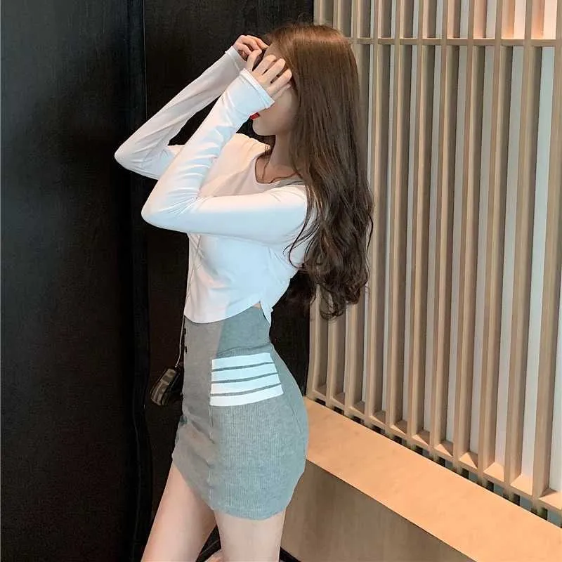Hög midja kort kjol kvinnlig koreansk stil smal passform hip stickad sexig all-match one-steg mini 210604