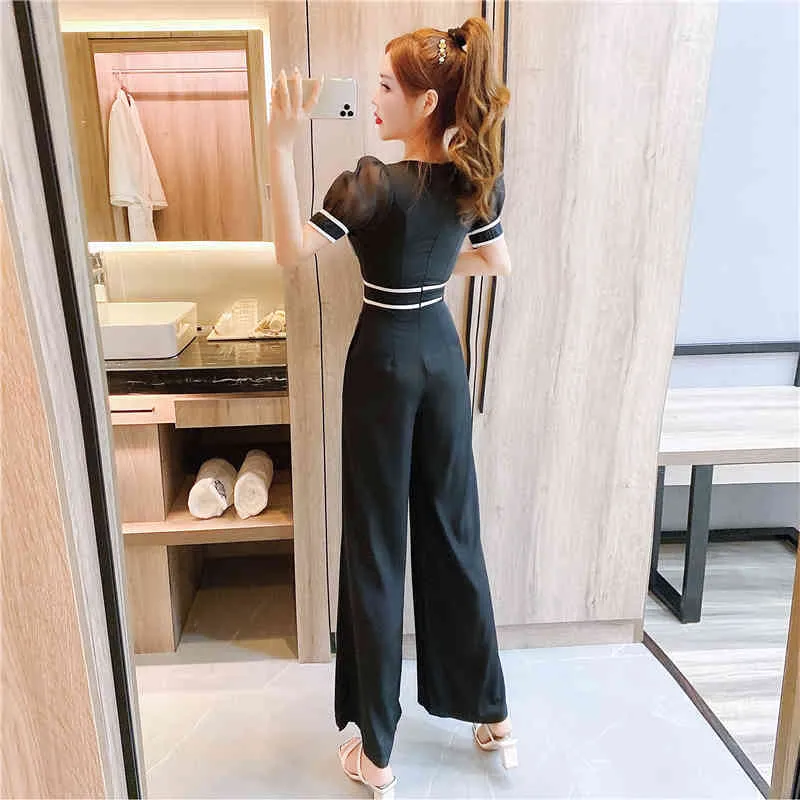 Sommer Temperament Elegante Büro OL Overalls Frauen Hohe Taille Breite Bein Bodysuit Hit Farbe Puff Kurzarm Overall 210518