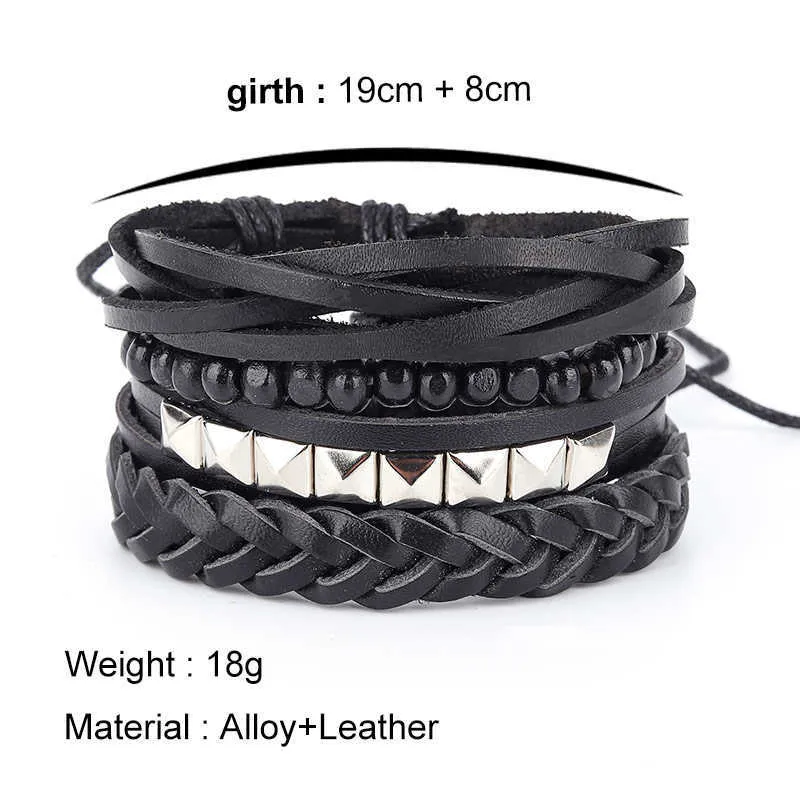 Erkekler Için 4 adet / grup Deri Braclet Bilezik Buhar Punk Ahşap Boncuklu Zincir Bileklik Bilezik Homme Toptan El Yapımı Takı Q0719