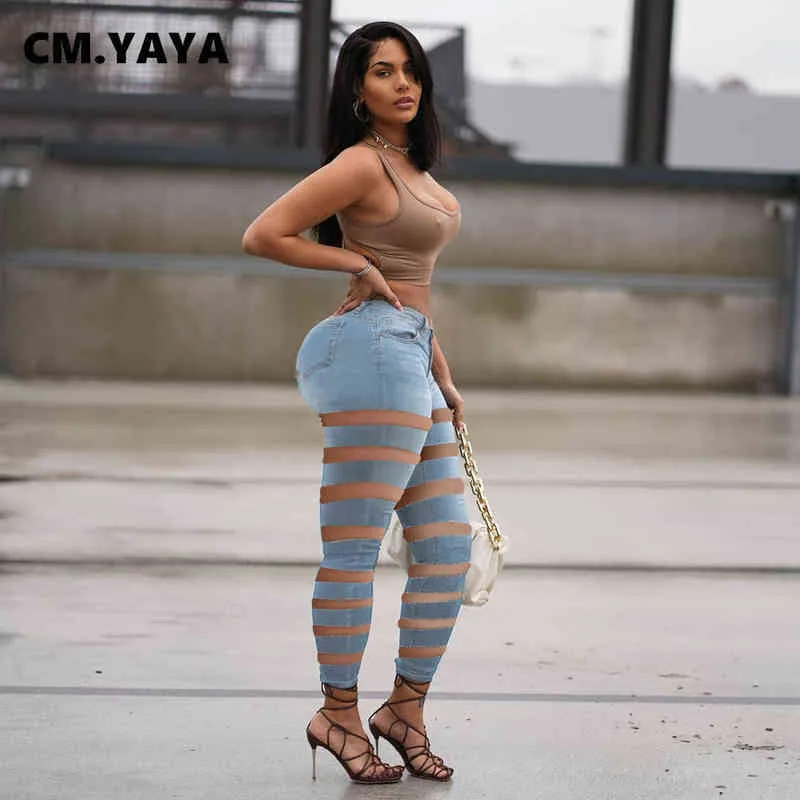 CM.YAYA Jeans Donna Solido Strappato Foro Tasche A Vita Media Cerniera Lunga Matita Pantaloni Denim Moda Sexy Streetwear Pantaloni Estivi 211129