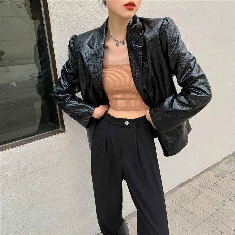 Aelegantmis coreano casual allentato giacca di pelle sintetica donna primavera alta qualità PU giacca cappotto femminile chic retro sottile nero 210607