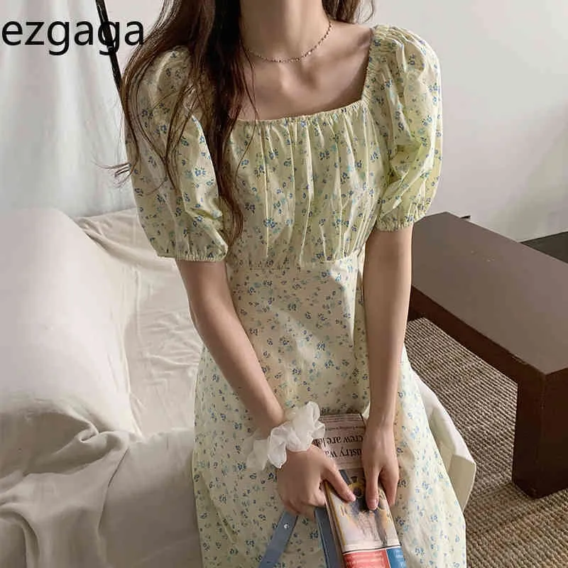 Ezgaga moda coreana stampata floreale abito da donna chic soffio manica corta colletto quadrato increspato vita sottile eleganti abiti vintage 210430