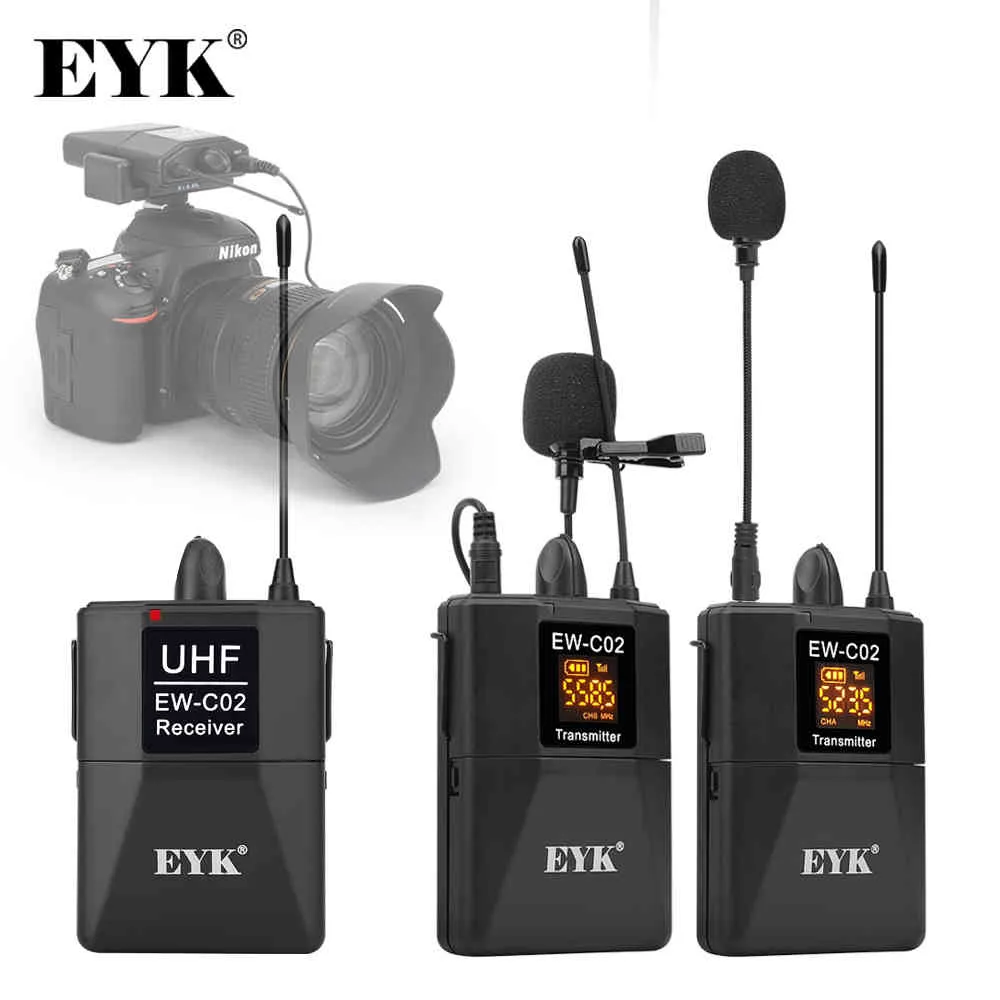 Eyk EW-C02 30 Kanal UHF Trådlöst dubbla Lavalier Mikrofon System 60m Range DSLR Kamera Telefon Interview Inspelning Lapel Mic