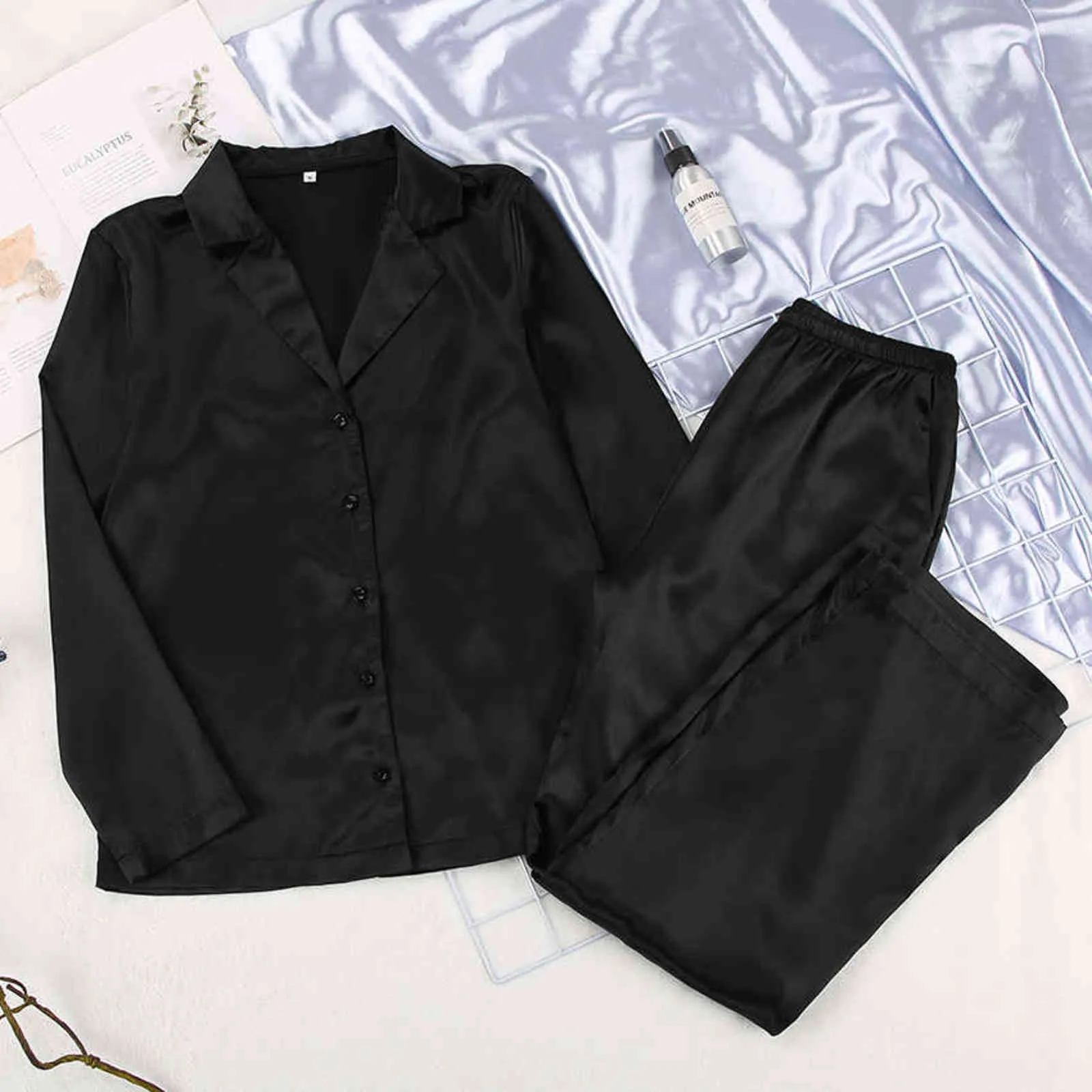Hean Black Sleepwear Kobieta Satin 2 Sztuka Zestaw Solid Kobiety Piżamy Luźne Spodnie Casual Home Garnitur Zestawy Nightwear Winter Pocket 211112