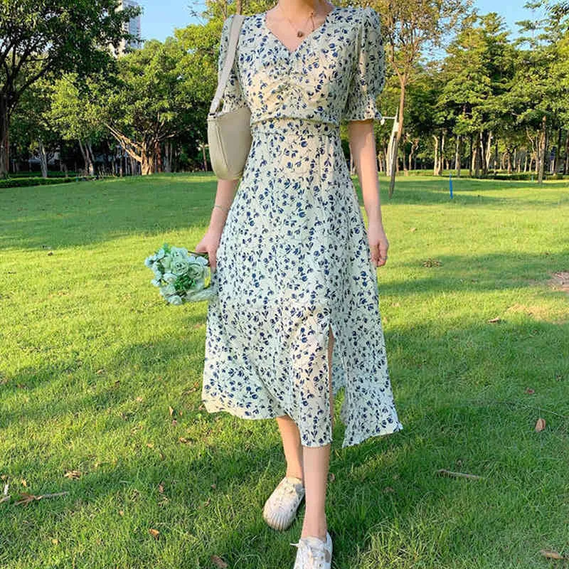 Летние цветочные Maxi платье женщины французский сексуальный шифон повседневный короткий слойный рукав V-образным вырезом фея длинный халат Femme 14554 210506