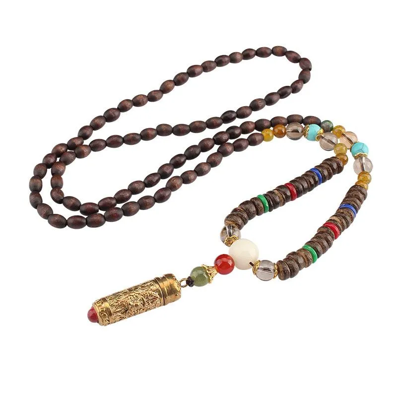 Etnisk stil nepal gau box sex ord av sanning trä buddha pärla kedja enkel lång vintage halsband hänge halsband237d