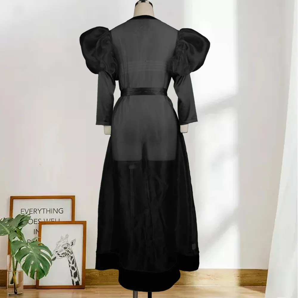 Women See Through Shirt Dress Sexy Transparent Plus Size Maxi Cover Up Lantern Sleeves Cardigan with Belt Fashion Spring 210416