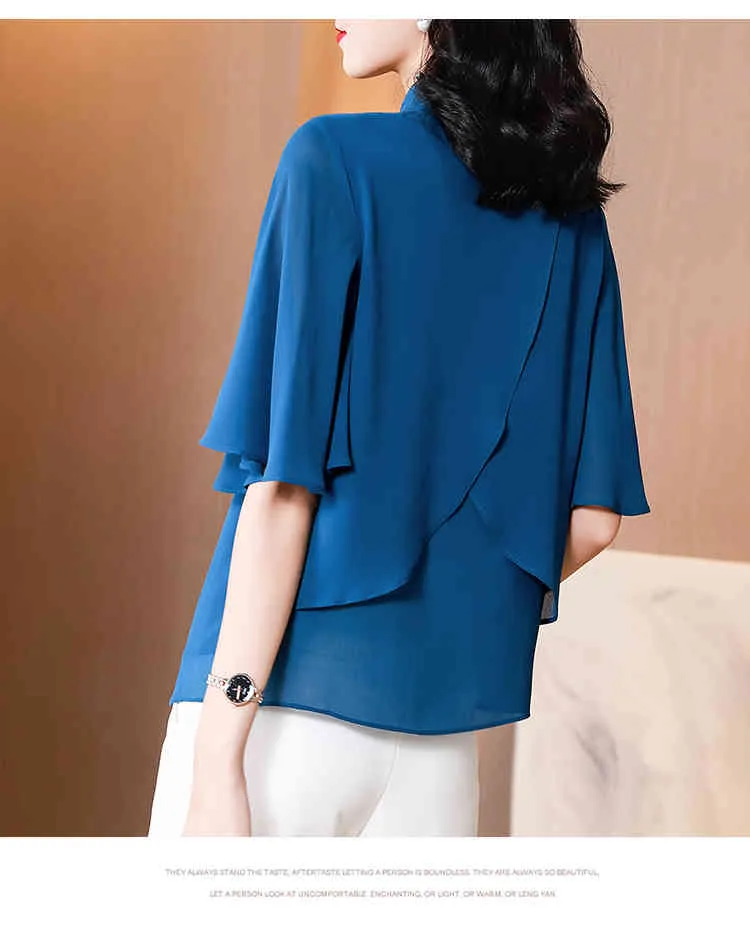 M-3XL Fashion Women's Chiffon Shirt Sommar Western-Style Half Sleeve Top High-end Loose Short Wild 210520