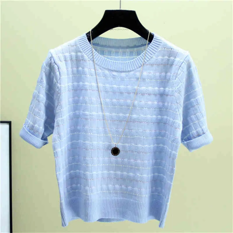 Grande Taille Casual Stripe Thin Femmes Tricots T-Shirt Mode Coréenne À Manches Courtes Tops Tricotés Femlae D'été O-Neck Pull Tees 210522