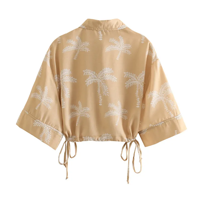 Moda ze sznurkami Luźne uprawy Przytulne Bluzki Kobiety Vintage Half Sleeve Button-Up Koszulki Damskie Odzież Damska 210430