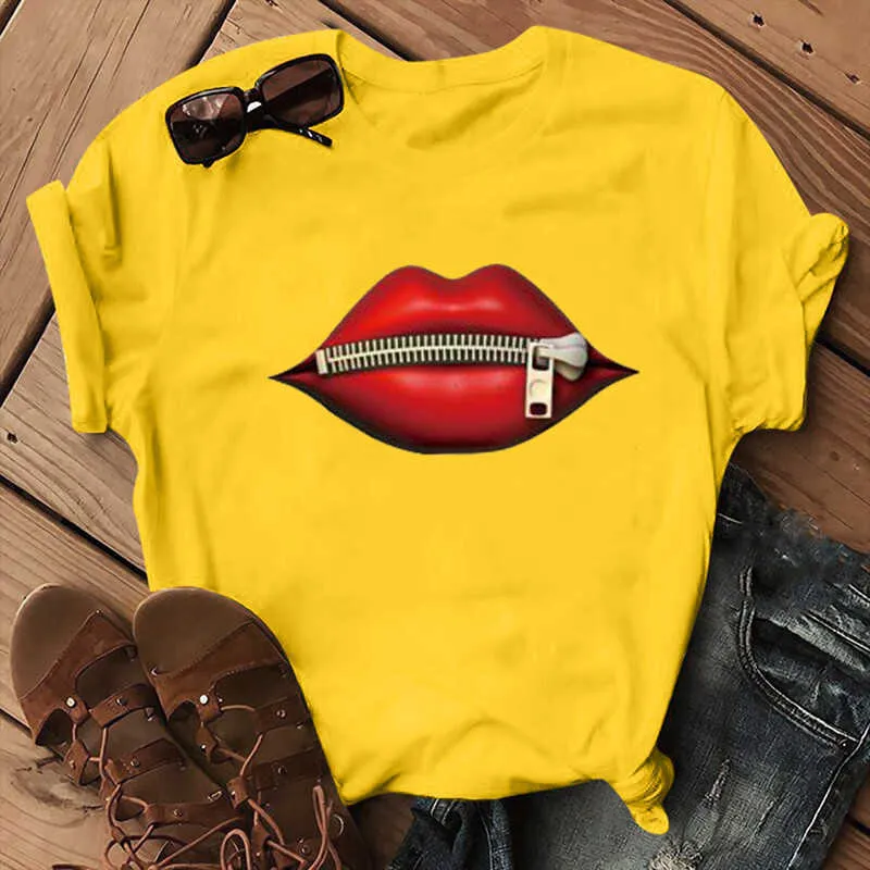 Zipper Lip Print T Shirt Women Short Sleeve O Neck Loose Tshirt Summer Women Tee Shirt Tops Camisetas Mujer X0527