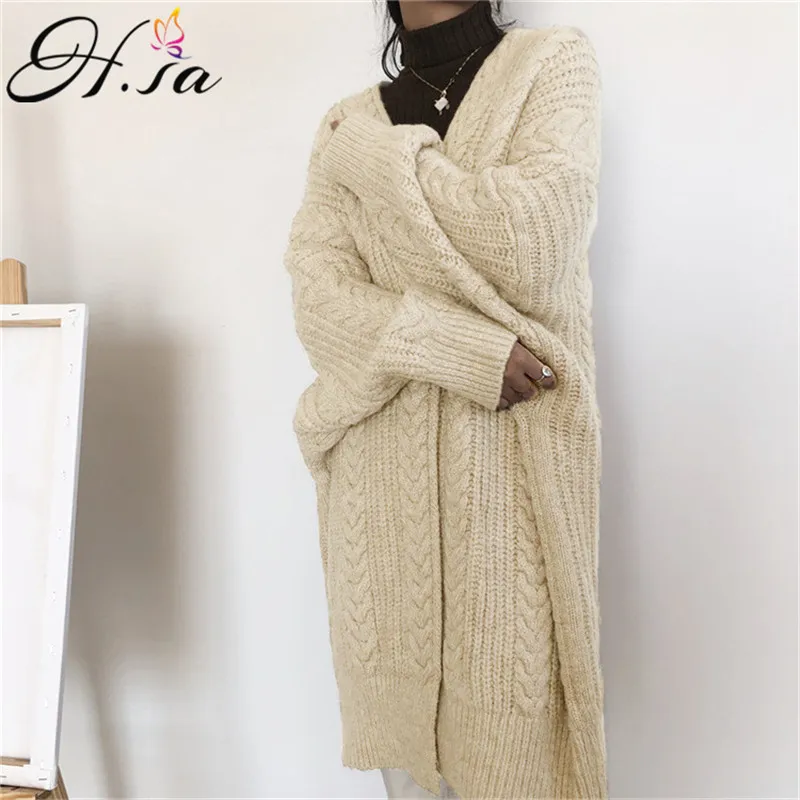 H.SA Mujer Mulheres Long Cardigans V Neck Batwing Sleeve Torcido Sweater Sweater Split Split Korean Winter Knitcoat 210417