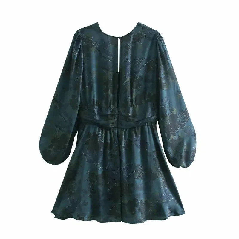 Vintage gedrukte blauwe zwarte mini-jurk vrouwen gedrapeerde bladerdeeg lange mouwen vrouw geplooide taille elegante ES 210519