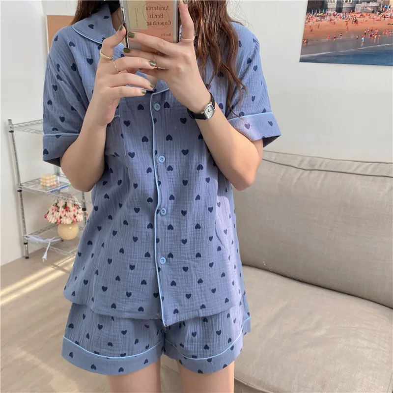 Sommar kort All Match Pyjamas Söt Nightwear Printing Chic Casual HomeWear Loose Bomull Två Piece Suit Sets 210525