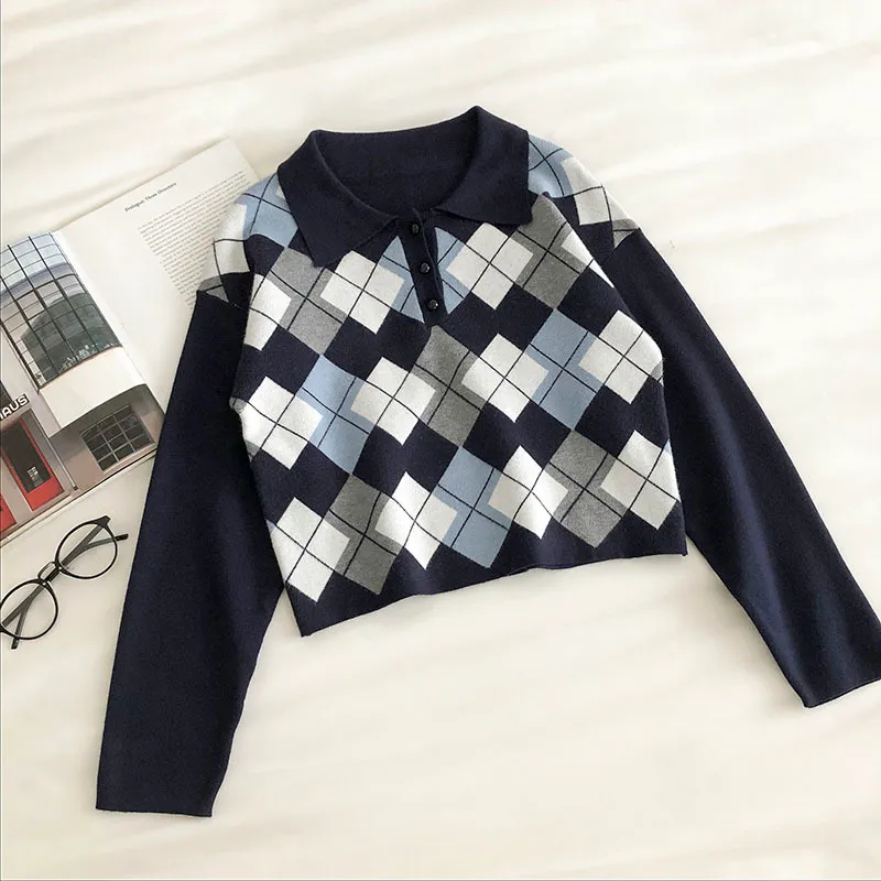 Suéteres de estilo preppy Vintage Otoño corto Coreano Jerseys Ropa de invierno Argyle Sueter Mujer Ropa de punto 18286 210415