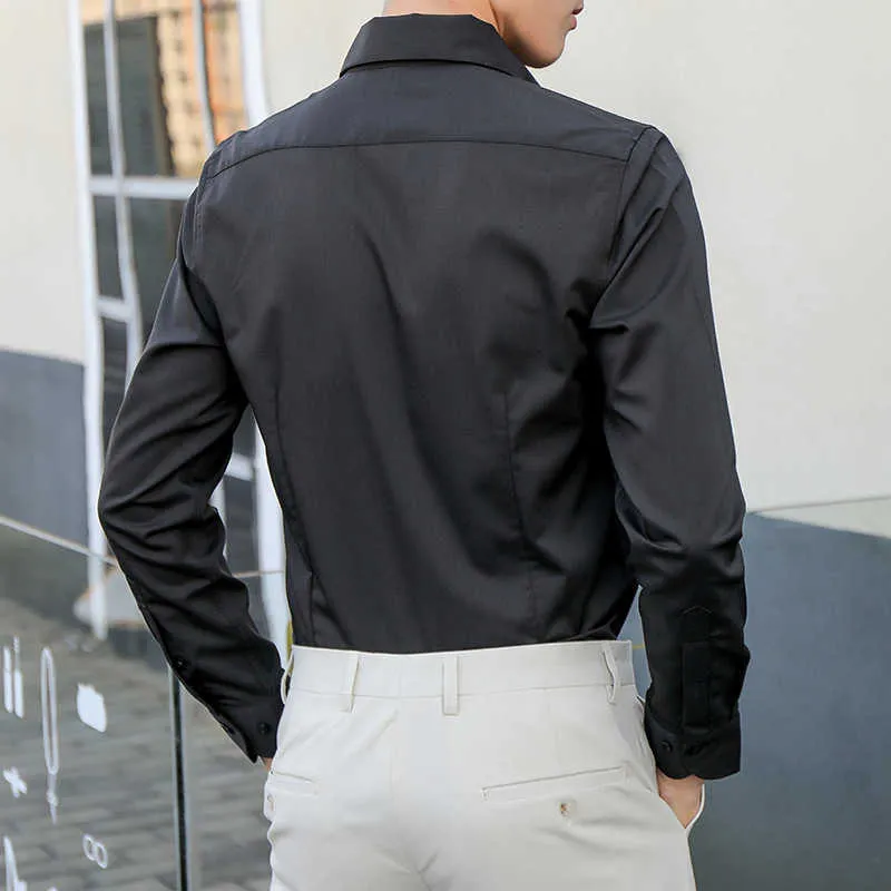 Camisas dos homens camisas de manga comprida Casual Slim Business Shirts Coreano Preto Branco Sólido Streetwear Formal Social Smoking Roupas 210527