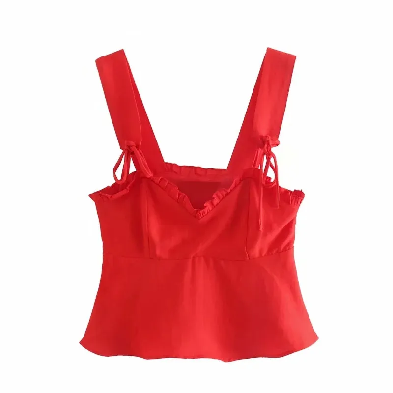 Top Woman Summer Red Bow Strappy Crop Women Fashion Adjustable Straps Ruffle Sleeveless Corset Tanks Camis 210519