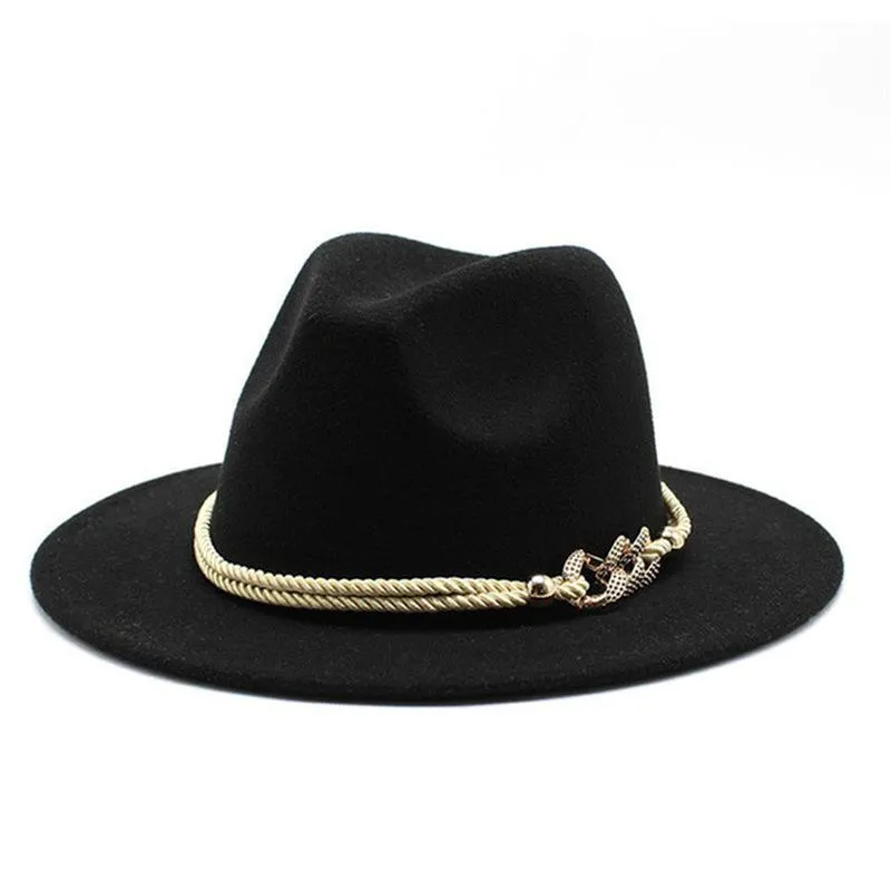 fedora hattar kvinnor metall rep kedja band bälte lyx jazz mössa brett rim solid kyrka elegant svart vit filt vår kvinnor hattar