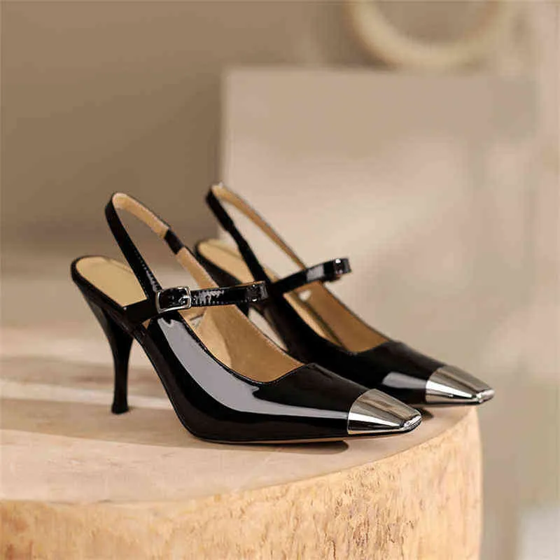 Women's Leather Buckle High Heels Square Pointed Thin Beige Spring 2 9