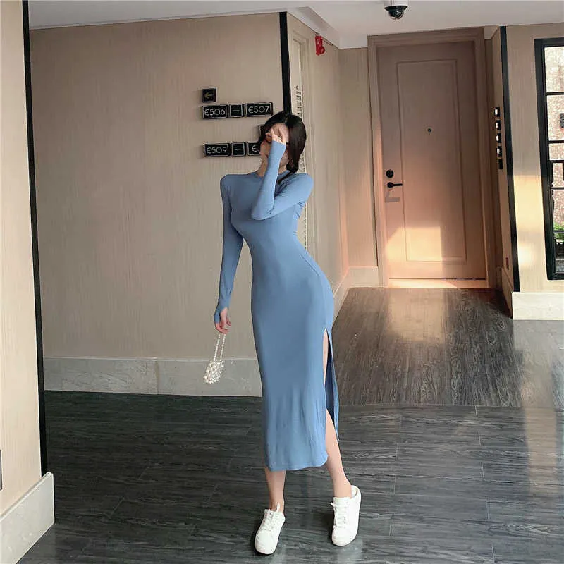 Spring and autumn long sleeve open slit dress Slim sexy midi high waist bag hip black 210604