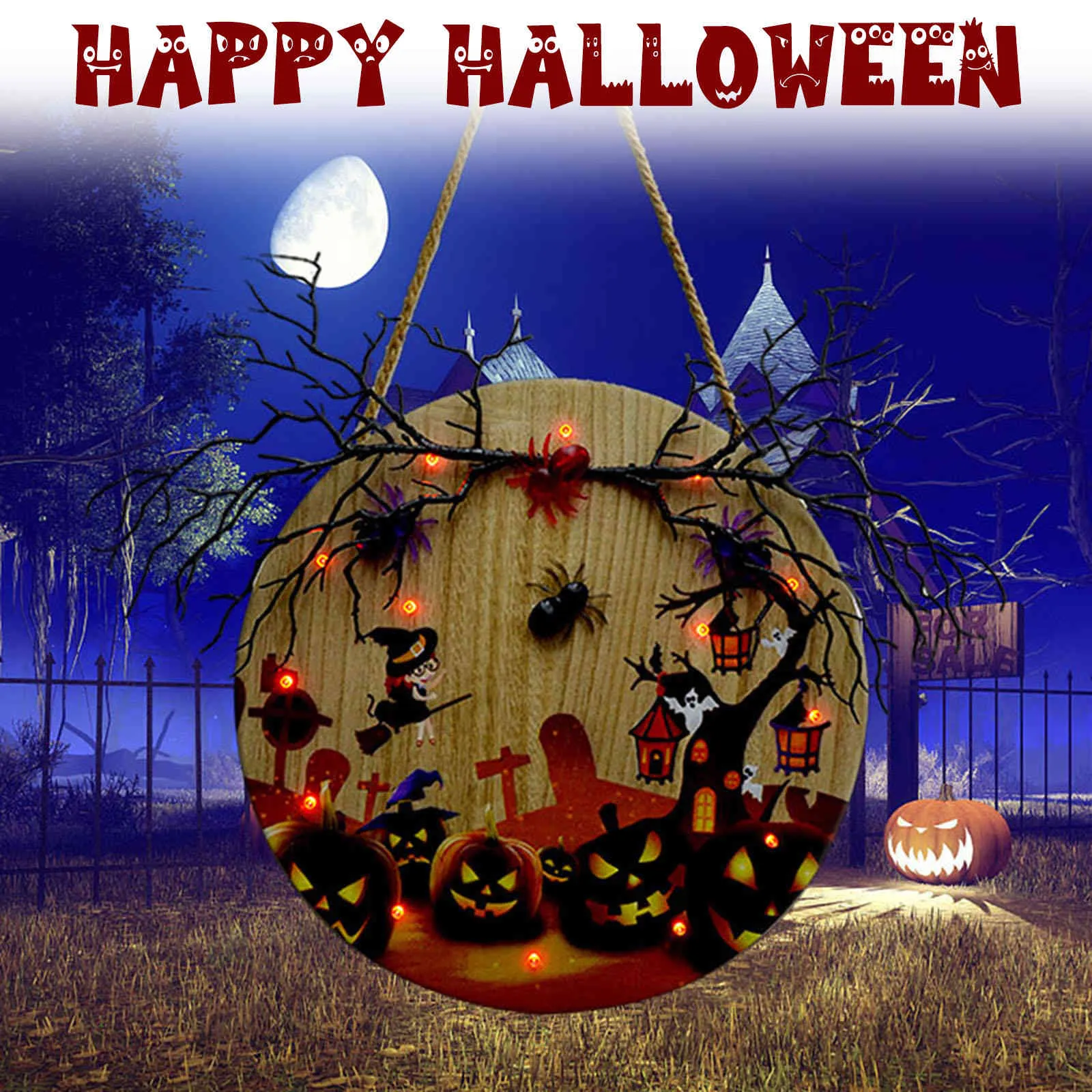 Halloween-Dekoration, Holzplatte mit Licht, für Party, Urlaub, Türbehang, Geisterschloss, Hexe, Heim-Wanddekoration