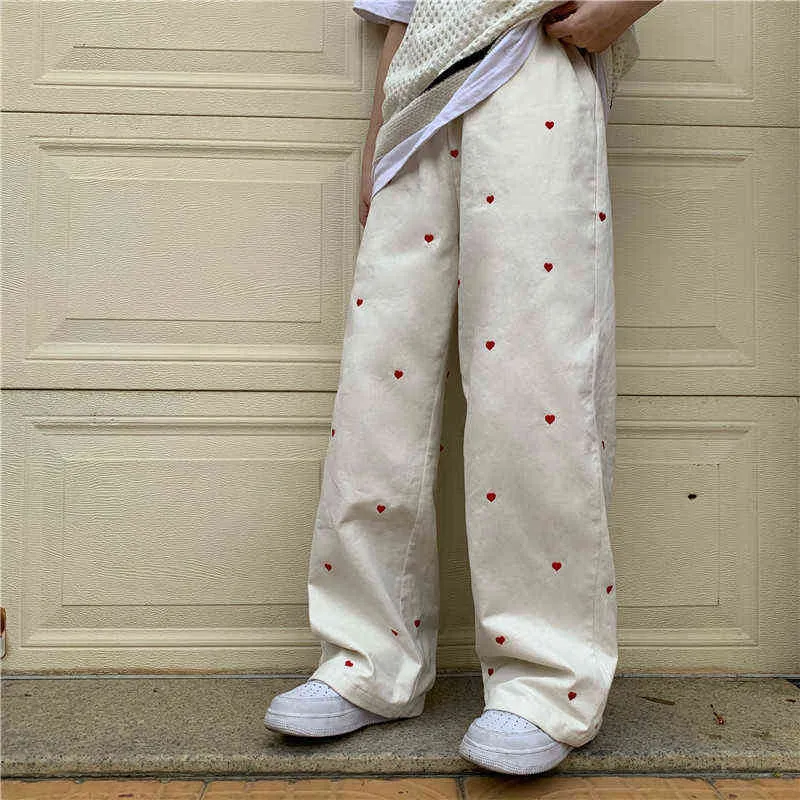 Frauen Jeans Streetwear Casual Herzförmige Stickerei Elastische Taille Vintage Baggy Gerade Denim Hosen Mom Breite Bein Hosen 211129