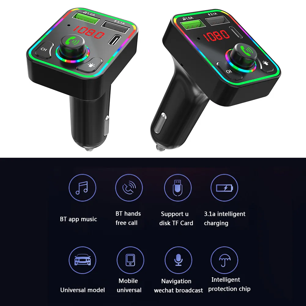 F3 Bluetooth Car Kit USB Type-C Charger Transmitter FM TF MP3 Player with RGB LED Backlight Wireless FM Radio Adapter Hands Free for Phone