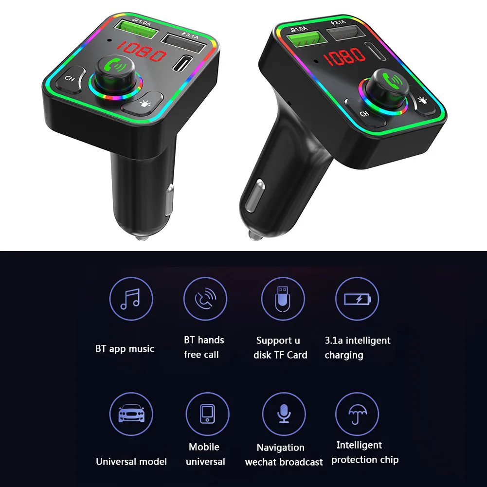 F3 Bluetooth Car Kit USB Type-C Laddare FM-sändare TF MP3-spelare med RGB LED-bakgrundsbelysning Trådlös FM-radioadapter Handsfree för telefon