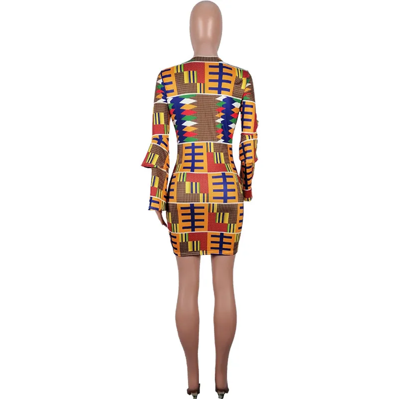 Vestido Africano Aesthético 90 para Mulheres Roupas Vintage Impressão V Pescoço Manga Longa Mini Bodycon Festa Sexy e Vestidos De Noiva 210525