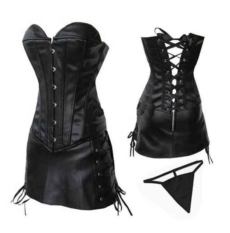 NXY Sexy Set Zwart Rood Lederen Corset Plus Size S / M / L / XL / XXL / 3XL / 4XL / 5XL / 6XL Body Shapers Latex Strapless Bustiers Sexy Lingerie Corset Rok 1206