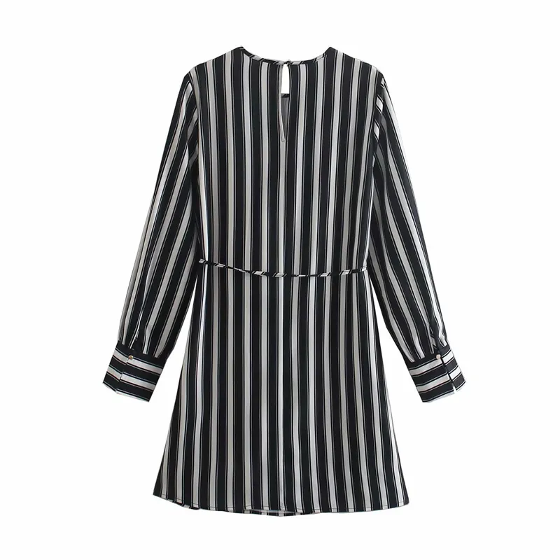 Vuwwyv svart vit randig mini klänningar för kvinnor retro casual smock klänning kvinna våren långärmad bälte damer vestidos 210430