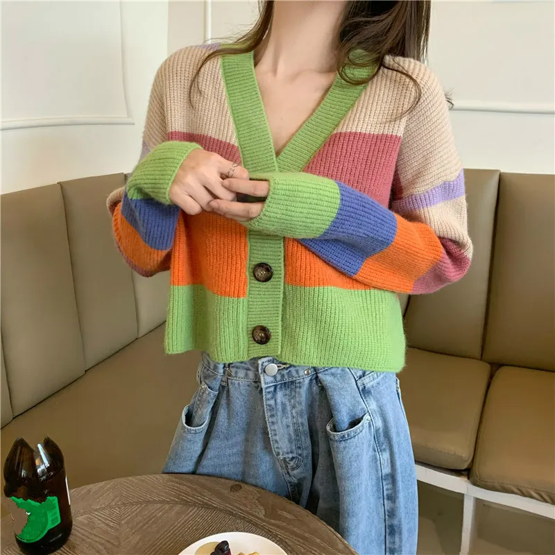 Ezgaga Weight Rainbow Sweter Kobiety Pasek Koreański Moda V-Neck Z Długim Rękawem Z Długim Rękawem Crop Topy Słodka Dziewczyna Dzianiny Kardigan Kobieta Dorywczo 210430