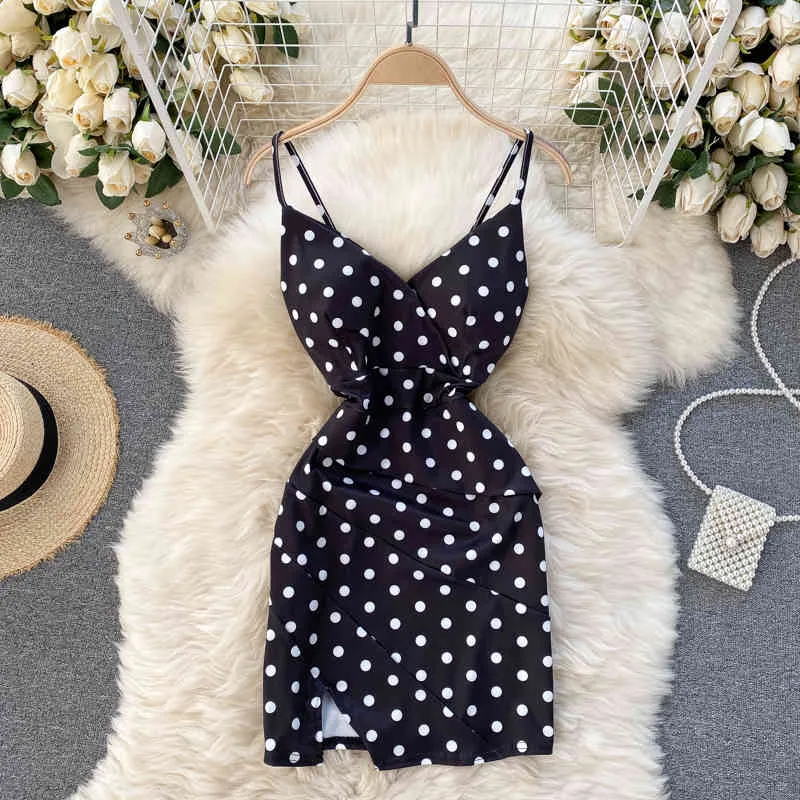 Singreiny Mujeres Polka Dot Strap Vestido sin mangas Backless V Cuello delgado Vestidos de fiesta Summer Sexy Off Hombro Split Mini Vestido 210419