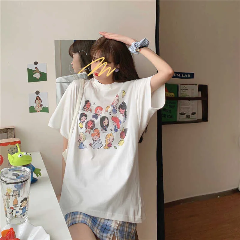 Yedinas Kawaii Cartoon Print T-shirt Frauen Koreanischen Stil Harajuku T-shirts Mädchen Anime Tops Sommer Graphic Tee Casual Weiß 210527