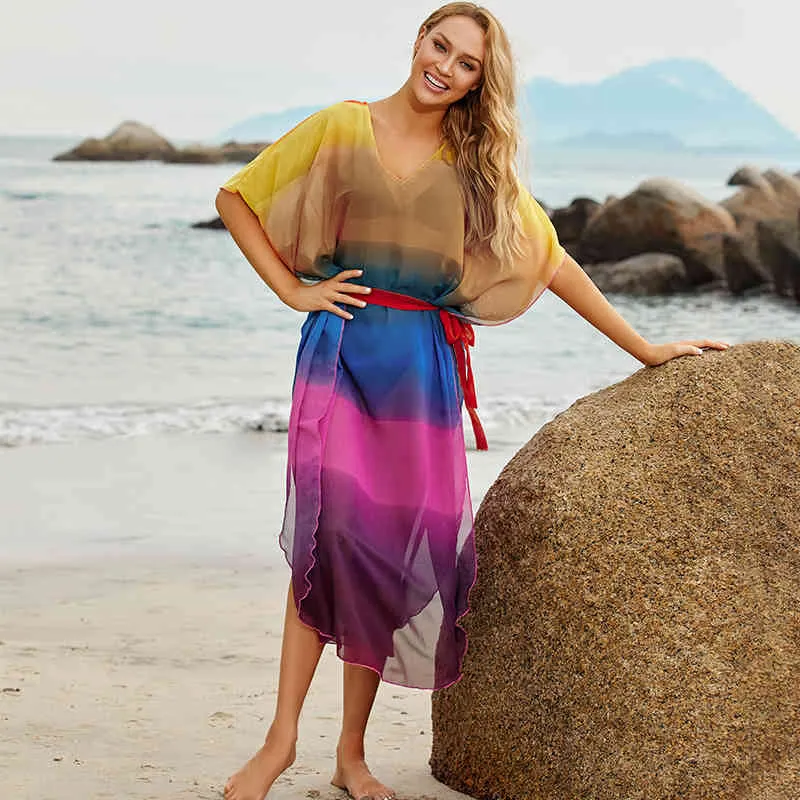 Bikini-Vertuschungen Boho V-Ausschnitt Sommer Strandkleid Tunika Frauen Plus Size Sexy Wear Badeanzug Cover Up Q1181 210420