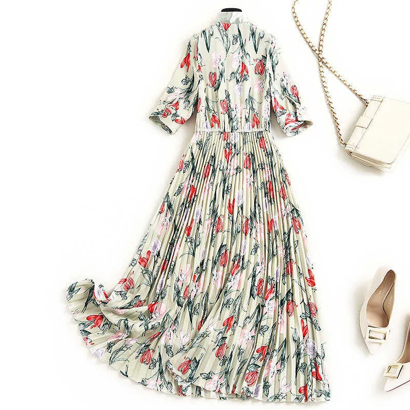 Eleganckie lato projektanci moda kobieta ubrania łuk kołnierz kwiatowy drukowane elastyczna talia plisowana sukienka 210601