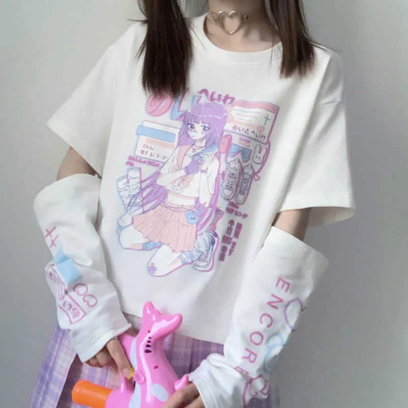Japansk anime T-shirt Långärmad Top Zipper Removal Tee JK Tjej Söt Kläder Bomull Tshirt Kvinnor Harajuku Cartoon Printed Tops 210720